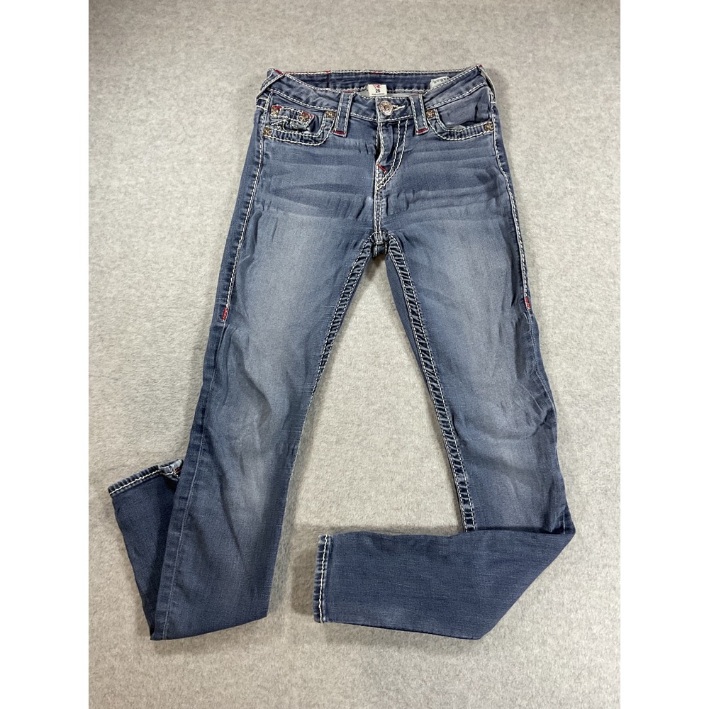 True Religion Super T Skinny Jeans Blue Stitch Size 25 Low Rise Denim 2200